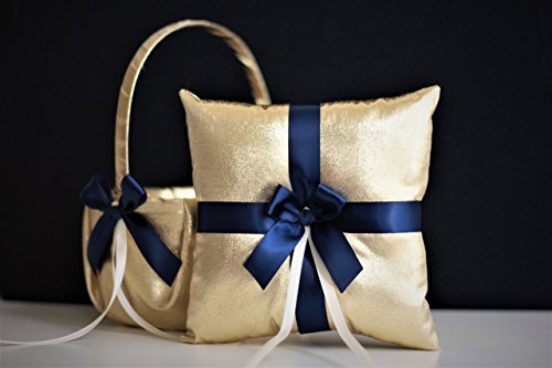 Wedding - Gold Navy Wedding Flower Girl Basket & Ring Bearer Pillow Set  Gold Wedding basket   Navy Ring Pillow  Gold Navy Blue Basket Pillow Set