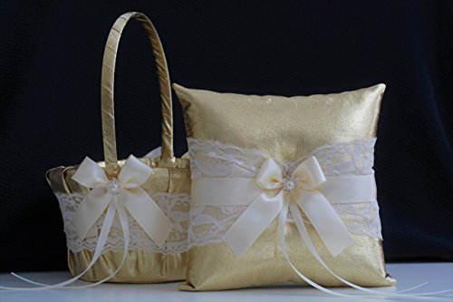 Mariage - Gold Lace Wedding Bearer Pillow   Gold Flower Girl Basket  Lace Gold Wedding Basket  Gold Lace bearer pillow  Lace wedding basket pillow set