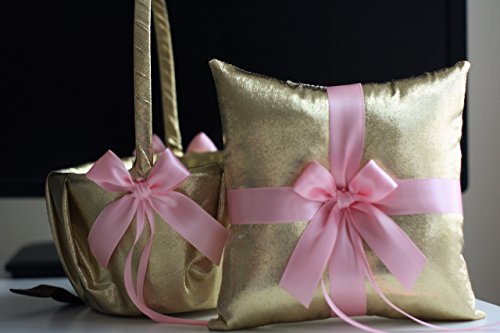 Wedding - Gold Pink Wedding Ring Pillow & Flower Girl Basket  Gold Ring Bearer Pillow   Wedding Basket Set  Gatsby Style Bridal Ring Holder   Basket
