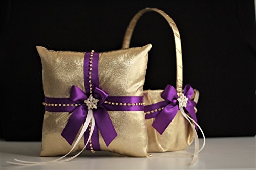 Hochzeit - Gold Purple Wedding Flower Girl Basket & Ring Bearer Pillow  Purple Gold Wedding Pillow with Brooch Gold Wedding Basket with Purple Bow