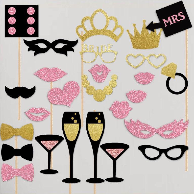 زفاف - Bachelorette Party Decorations Hen Night Gift Vegas Theme Photobooth Props Wedding Shower Photo Booth Kit Set Gold Black Pink Photo Booth