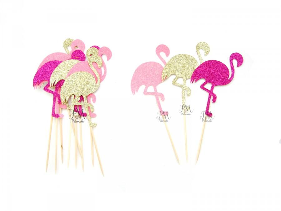 Mariage - 12 Mixed Glitter Flamingo Cupcake Toppers - Summer Cupcake Toppers, Summer Birthday, Tropical Party, Flamingo Party Decor