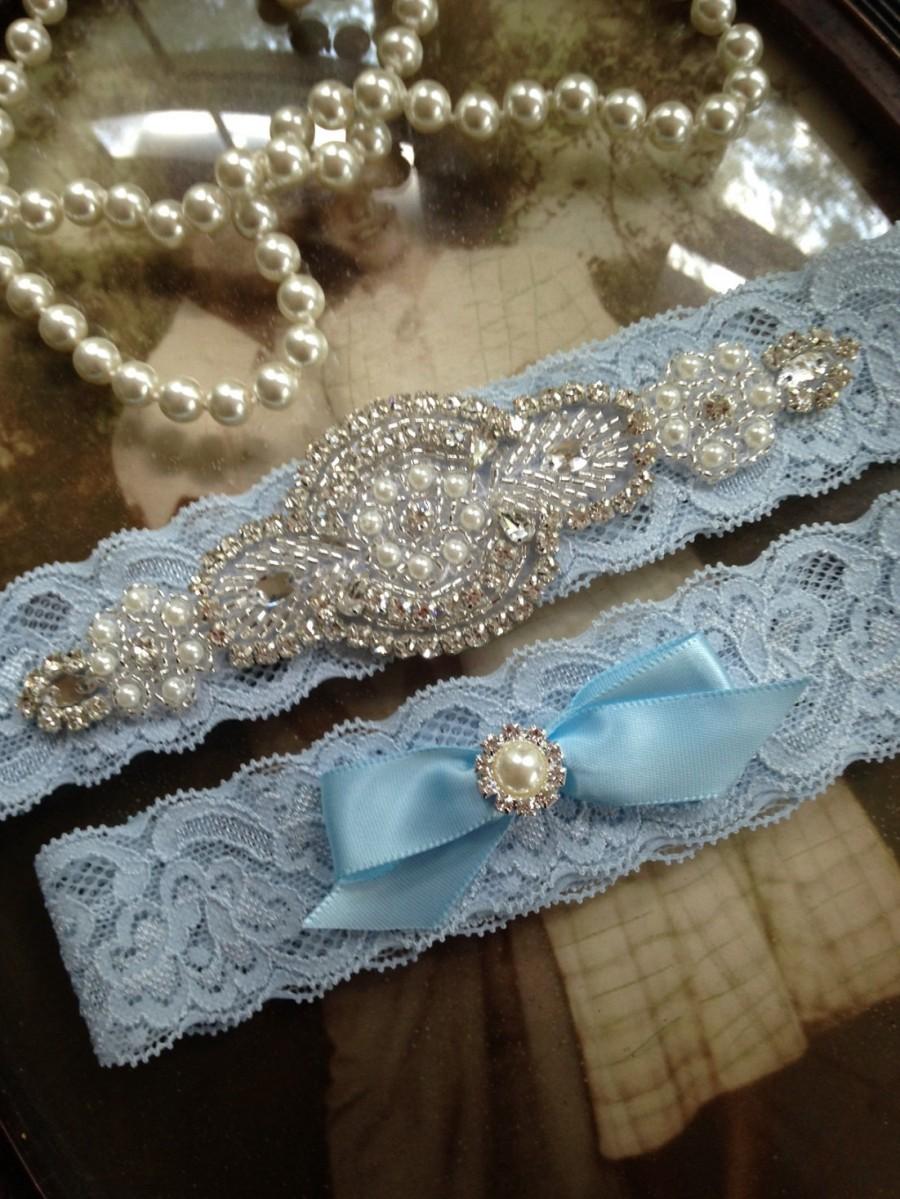 Wedding - SALE-Wedding Garter-Garters-Stretch lace-blue garter-Garter-Rhinestone-Pearl garter-Keepsake-Something Blue-Lace Garter-bridal garter-ivory