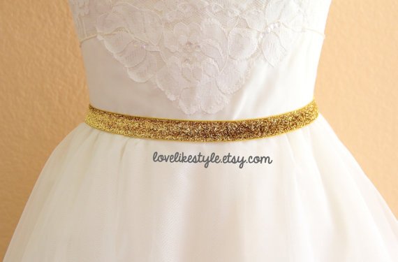 زفاف - Skinny Gold Gltter Elastic Lace Belt, Bridal gold belt , Bridesmaid Gold Belt,Flower Girl Belt, Elastic Belt