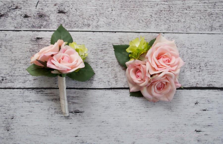 Свадьба - Wedding Boutonniere and Corsage Set - Blush Pink Rose and Hops Boutonniere and Corsage