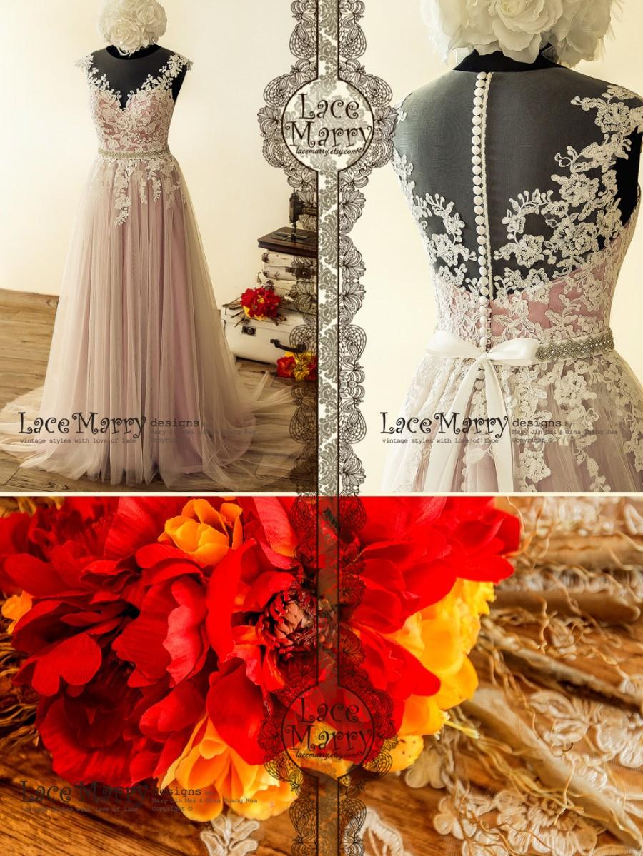 Mariage - Lilac Underlay Boho Wedding Dress with Illusion Neckline and Sheer Back 