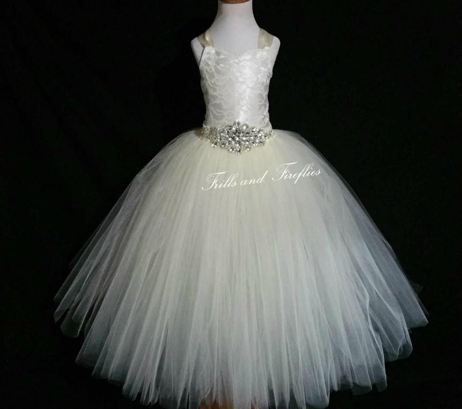 Wedding - Ivory Corset Back Flower Girl Dress with Beautiful Rhinestone Belt- Lace Corset Style Flower Girl Tutu Dress- Size Baby up to Size 12