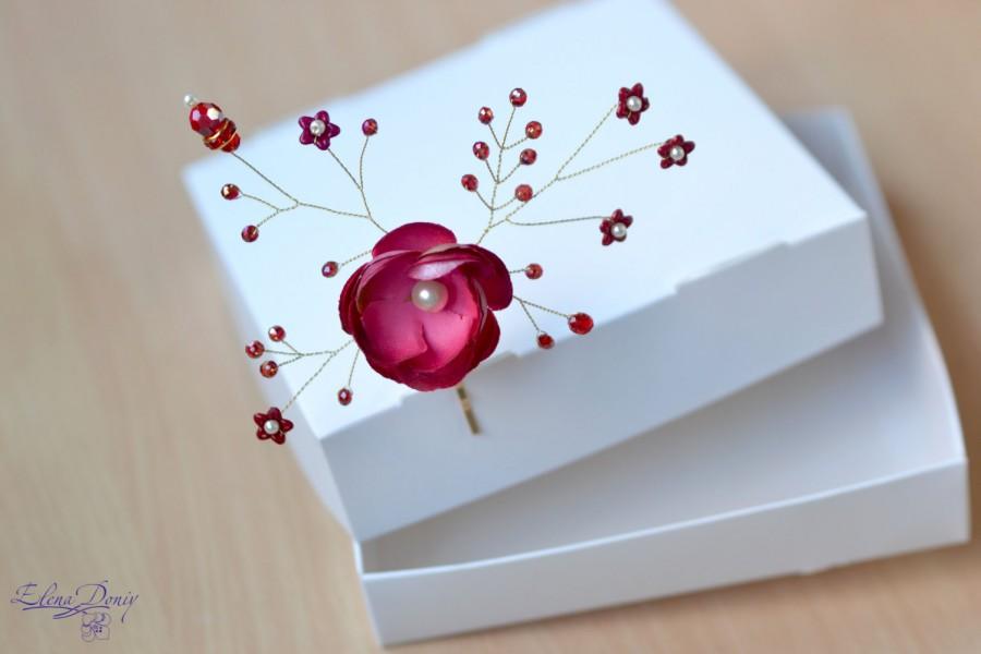 زفاف - Red flower bobby pin Crystal red hair vine Floral hair pin Bridal hair accessory Wedding bobby pin Ready to ship