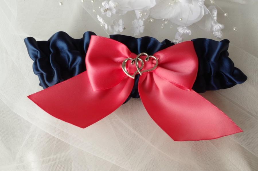 Hochzeit - Navy Blue Garter With Big Coral Bow Something Blue Garter Double Heart Scarlet Bridal Gift Garters Simple Navy Blue Garter Plus Size Ribbon
