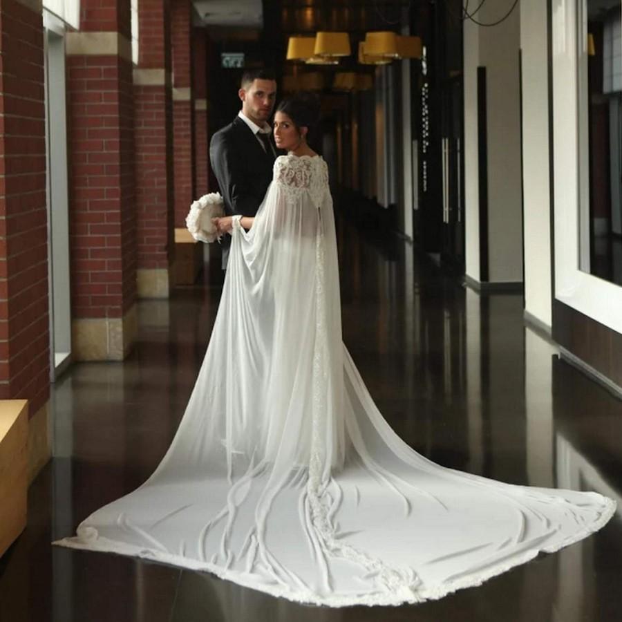 Hochzeit - Lace Wedding Cape, bridal cape, bridal accessories, wedding dress accessories, wedding dress alternative, detachable train, chiffon cape