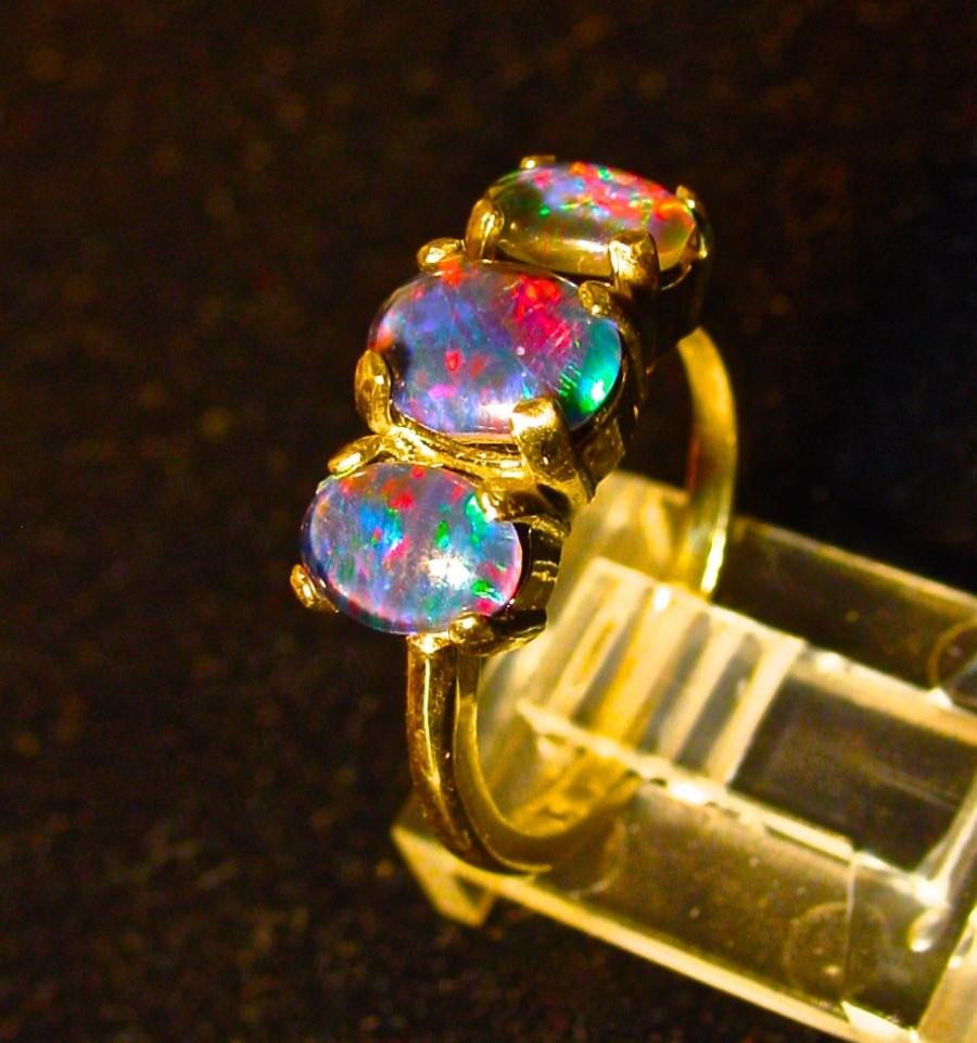 Wedding - The Perfect engagement ring.Genuine Australian Opal ring.Three Australian Opals in 14K or a Sterling Silver setting.