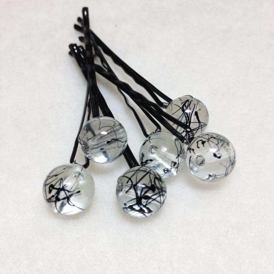 Hochzeit - Black Graffiti Hair Pins - six bobby pins (10 mm beads) Goth Fashion Hair Accessory