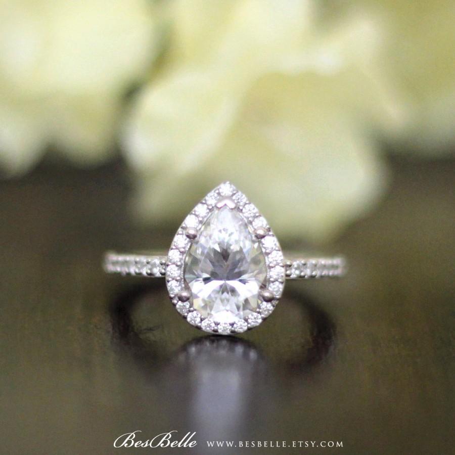 Hochzeit - 2.75 ct.tw Halo Engagement Ring-Pear Cut Diamond Simulant-Bridal Ring-Promise Ring-Anniversary Ring-Sterling Silver [4952-1]