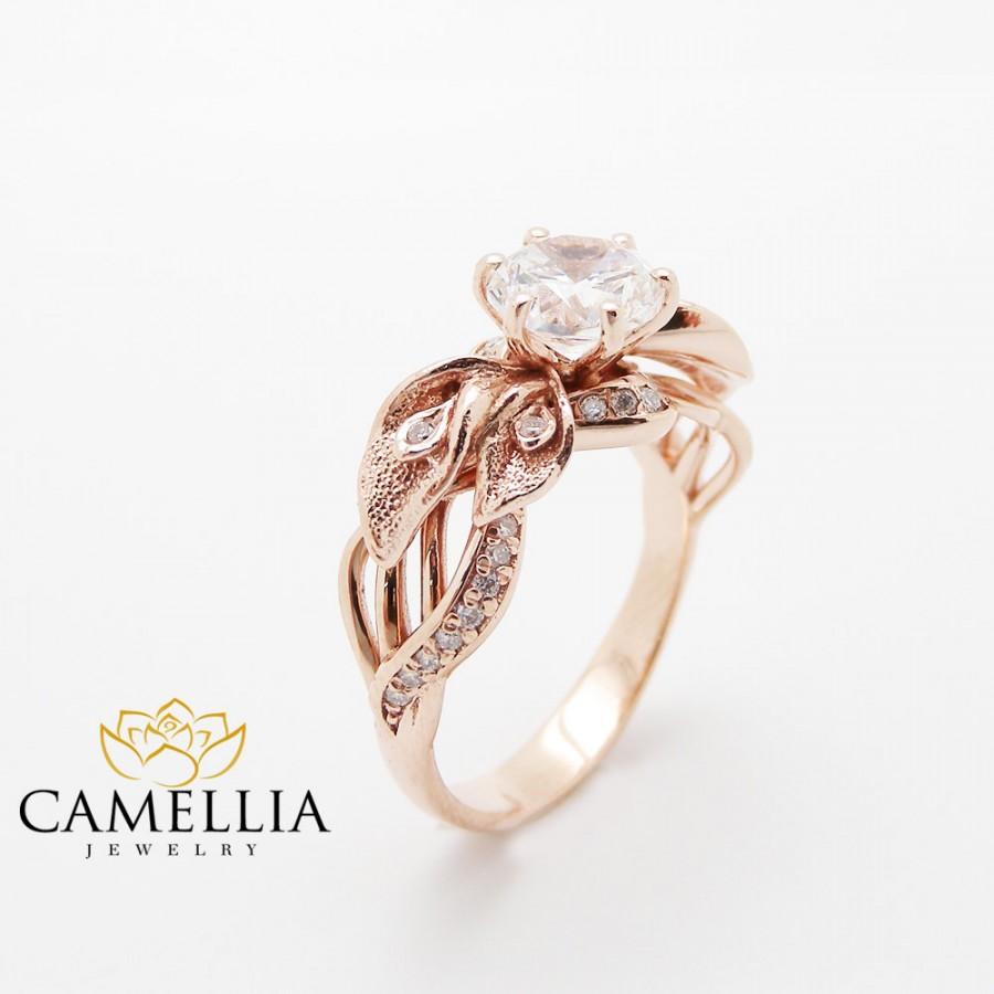 Wedding - 18K Rose Gold Diamond Engagement Ring Calla Lily Unique Engagement Ring Natural Clarity Enhanced 3/4 Carat  Diamond Ring