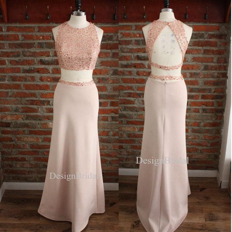زفاف - 2015 Pink Sexy Prom Dress, Two-piece Set Prom Dress,Waist Revealing Prom Dress,Sequin Crop To Long Prom Gown,Two pieces Wedding Dress Outfit