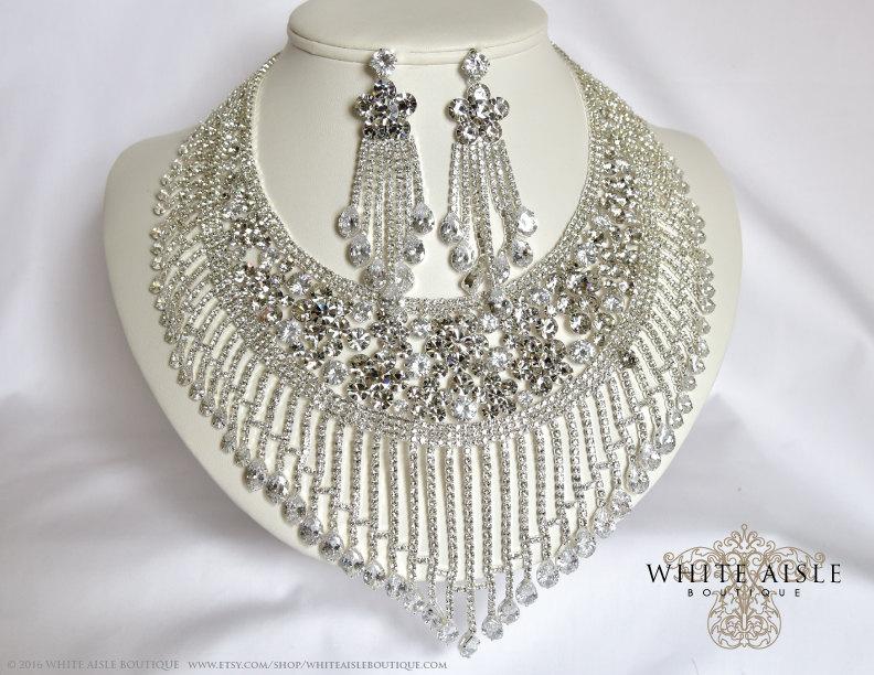 Hochzeit - Wedding Jewelry Set, Crystal Necklace, Bib Necklace, Cubic Zirconia Bridal Statement Necklace Earring Set, Vintage Style, Hollywood Necklace