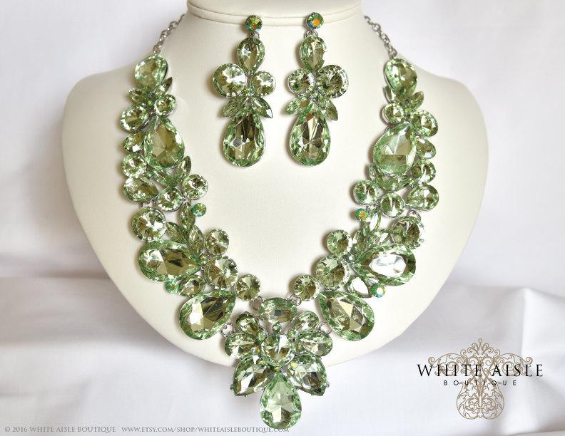 Wedding - Green Wedding Jewelry Set, Vintage Inspired Necklace, Rhinestone Necklace, Crystal Bridal Necklace, Bridal Jewelry Set, Statement Necklace