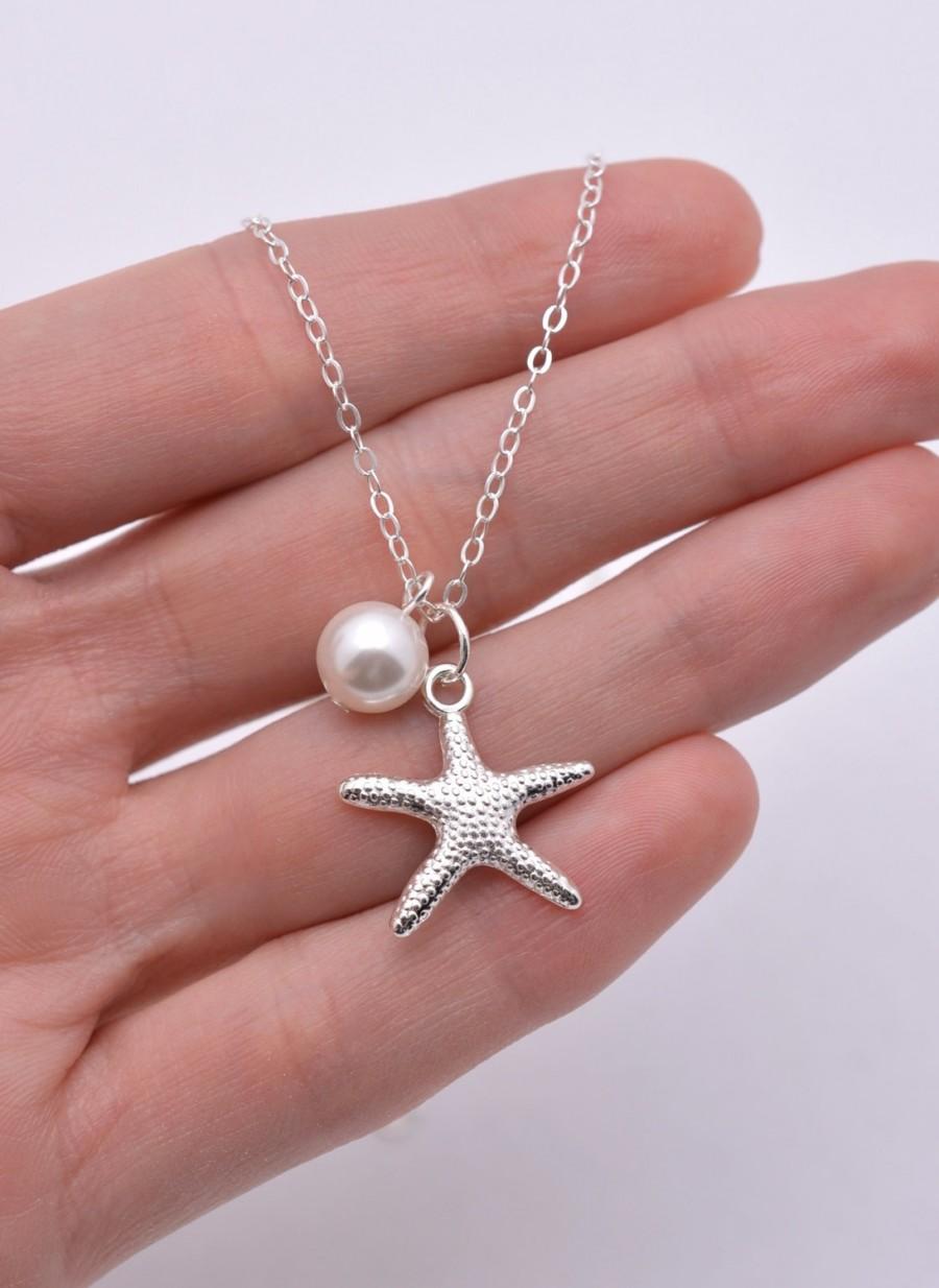 زفاف - Set of 5 Bridesmaid Starfish Necklaces, 5 Starfish Necklaces, Starfish and Pearl Necklaces, Bridesmaid Necklaces, Beach Wedding 0199