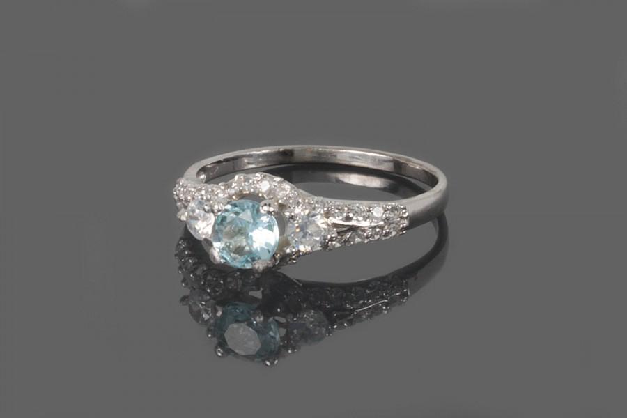 Mariage - Promise ring, Gemstone ring, Birthstone ring, Halo ring, Silver ring, Women ring, Sparkle ring, Topaz ring, Blue stone ring, Elegant ring