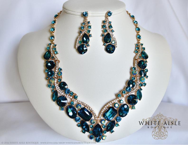 زفاف - Blue Zircon Bridal Necklace, Wedding Jewelry Set, Crystal Bridal Statement Necklace Earrings, Bridal Earrings, Vintage Style