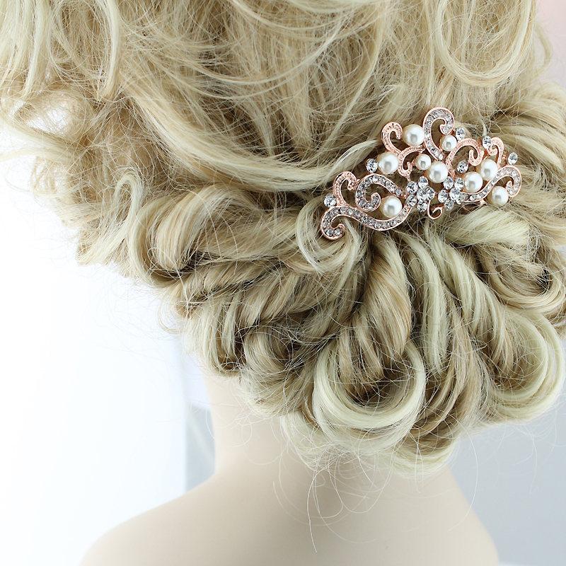 Mariage - Rose Gold Bridal Hair Accessory, Rose Gold Hair Pin, Rose Gold Hair Comb, Rhinestone Pearl Rose Gold Hair Comb, Rose Gold Veil Hair Jewelry