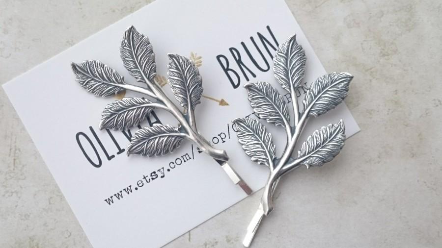 Hochzeit - Silver Leaf Branch Bobby Pins Leaf Branch Hair Clips Grecian Hair Bridal Hair Wedding Accessories