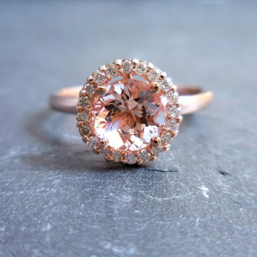 Hochzeit - Round Morganite Ring, Pink Engagement Ring, Diamond Halo, Modern Engagement Ring, Diamond Alternative, Morganite Engagement, 14kt Rose Gold