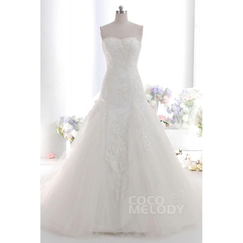 Wedding - Fashion A-Line Sweetheart Natural Train Tulle Ivory Sleeveless Zipper Wedding Dress with Appliques h1aa0016 - Top Designer Wedding Online-Shop