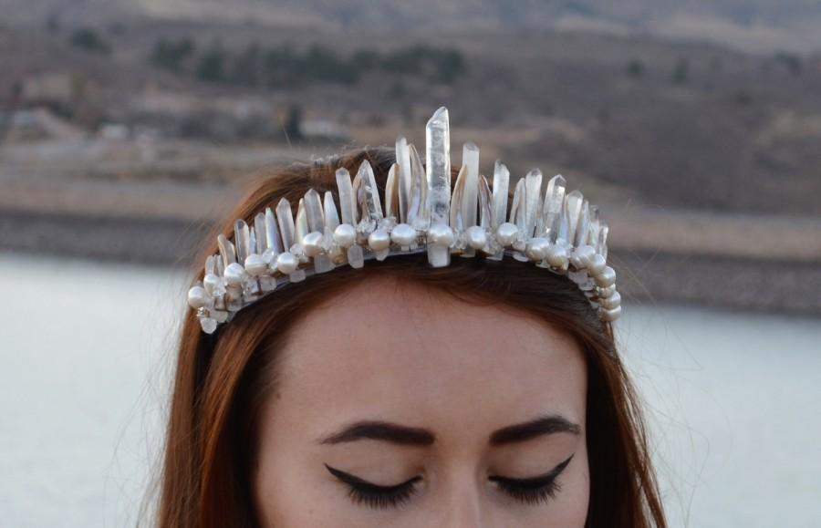 Hochzeit - Mermaid Wedding Crystal Crown, Pearl Bridal Diadem, Quartz Crystal Tiara