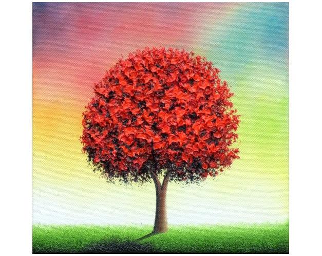 Свадьба - Tree Art Impasto Painting, Modern Canvas Art Landscape Painting, ORIGINAL Oil Painting, Whimsical Red Tree Painting, Multicolored Art, 8x8