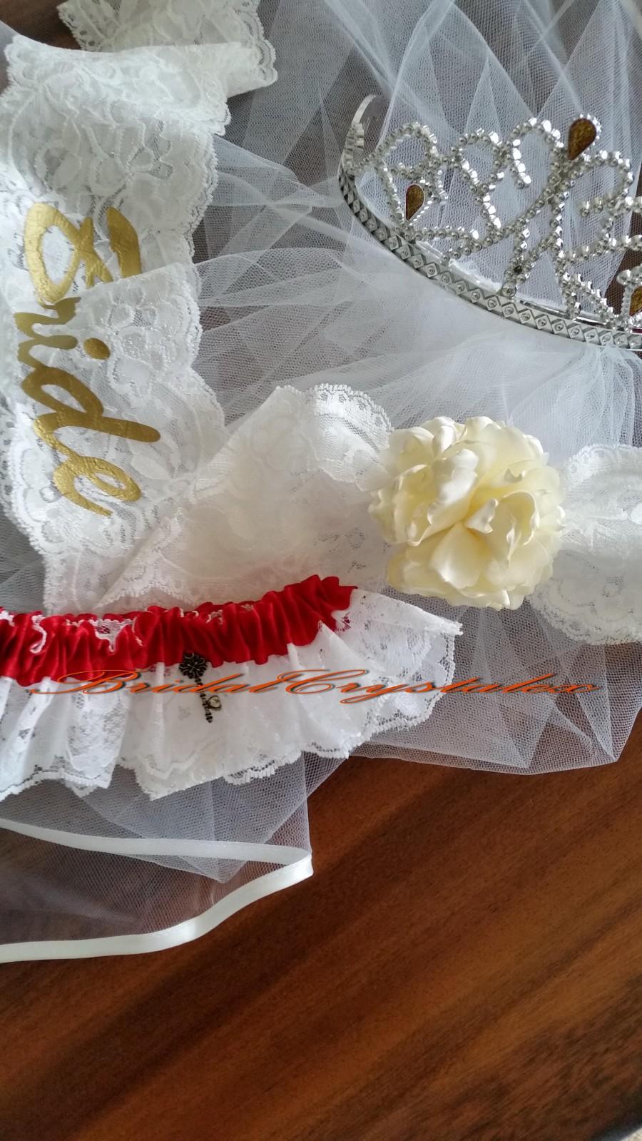 Hochzeit - Bachelorette Party Wedding Veil and White & Gold Bride Sash and Lace Garter