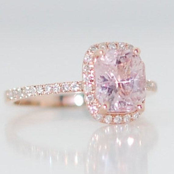 Wedding - Champagne Sapphire Engagement Ring 14k Rose Gold Diamond Ring 2.07ct Cushion Light Lavender Peach Champagne Sapphire