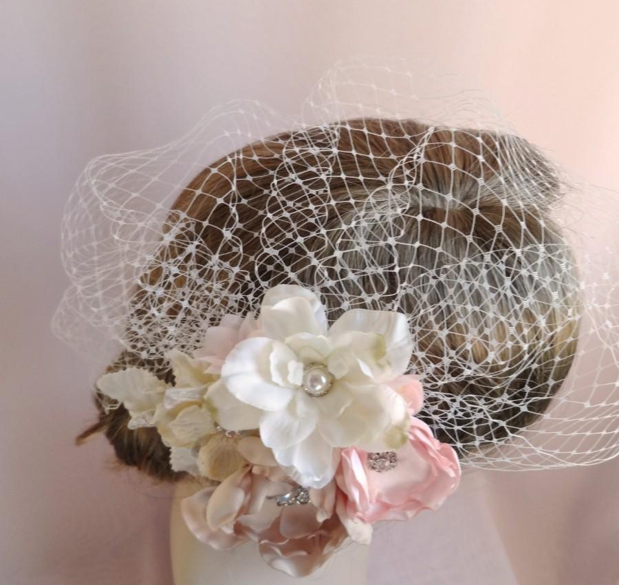 Wedding - bridal headpiece, bridal birdcage veil with flowers, flower headpiece, bridal veil, wedding hair piece, ivory pink headpiece, Style 812