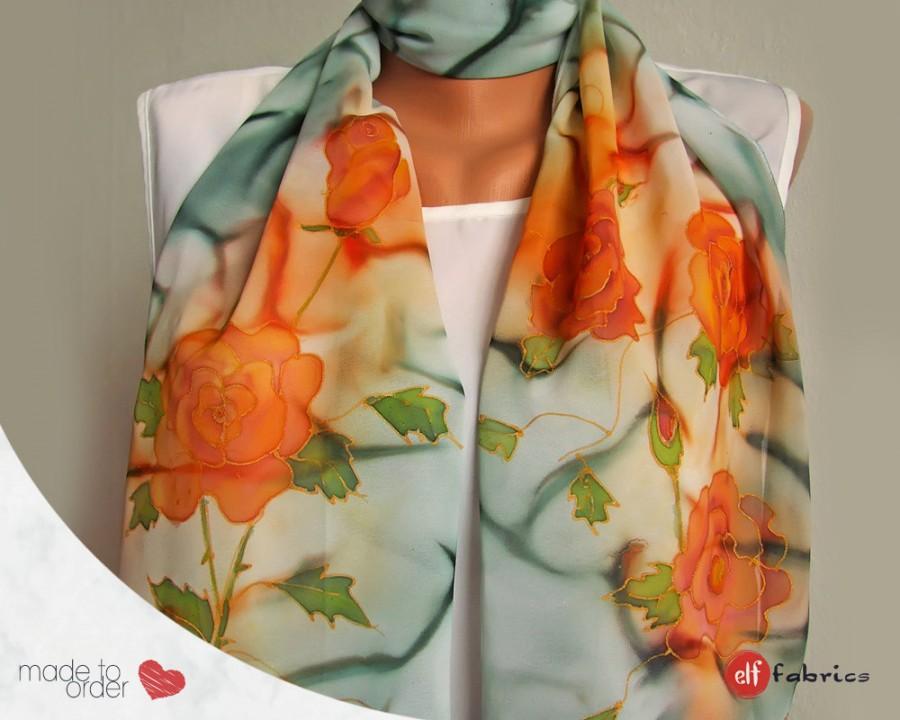 Wedding - Olive green scarf, Scarf with orange roses, Silk roses, Hand painted scarf, Floral shawl, Romantic scarf, Bridesmaids gift, Gift for her,