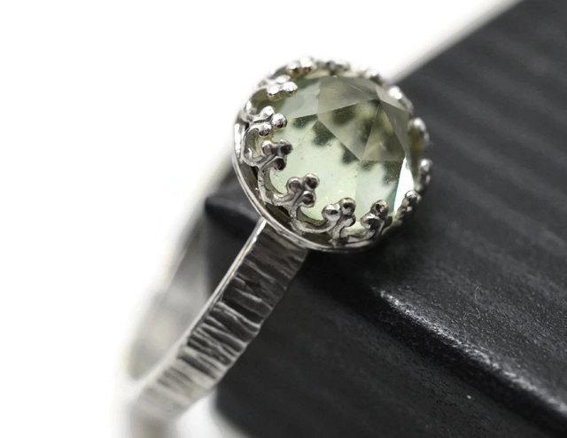 Hochzeit - Prasiolite Engagement Ring, Custom Made Women's Pale Green Quartz Jewelry, Engraved Rustic Hammered Silver Ring