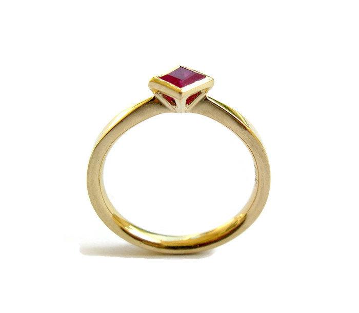 Wedding - Square Ruby Ring, Unique Engagement Ring, 14k Yellow Gold Ring, Geometric Jewelry, Square Gold Ring with Ruby