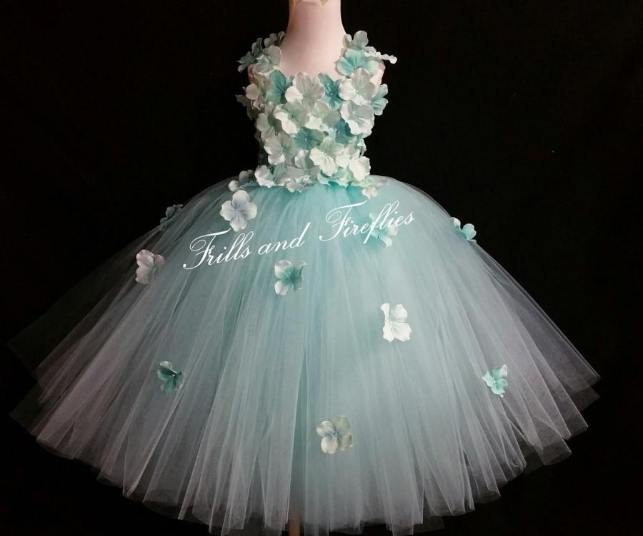 Hochzeit - Aqua Flower Girl Dress - Aqua Hydrangea Flowergirl Dress... Aqua Bridesmaid Dress ...OTHER COLORS AVAILABLE, Sizes Baby up to Size 12