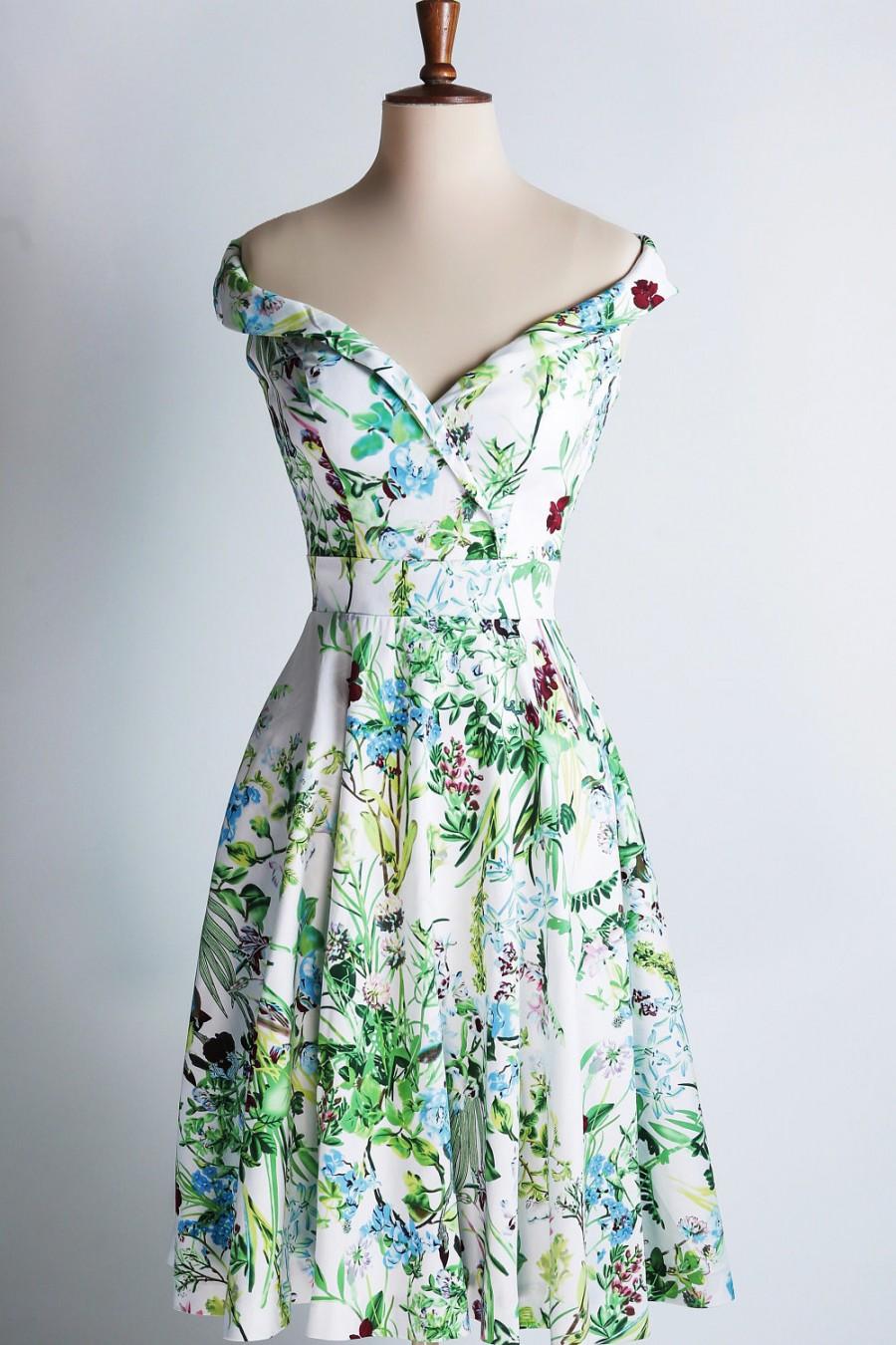 Свадьба - Summer meadow dress, off-the-shoulder dress, made-to-measure dress, green and blue floral, mother of the bride dress, wedding guest dress