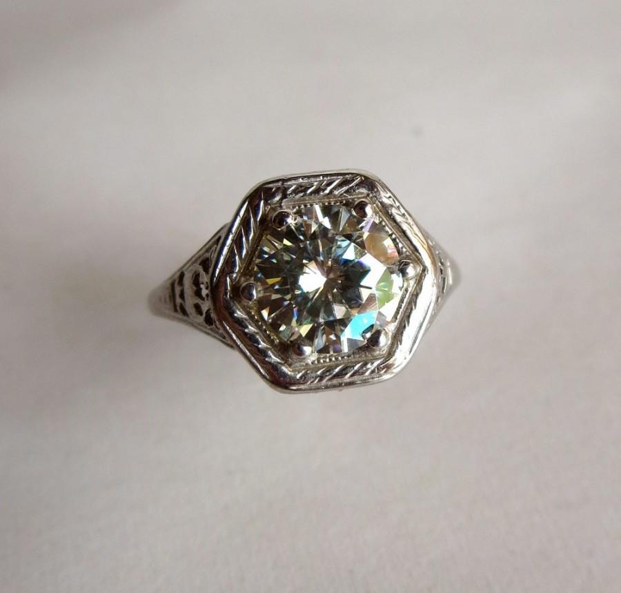 Hochzeit - Moissanite Engagement Ring, Filigree Estate Jewelry