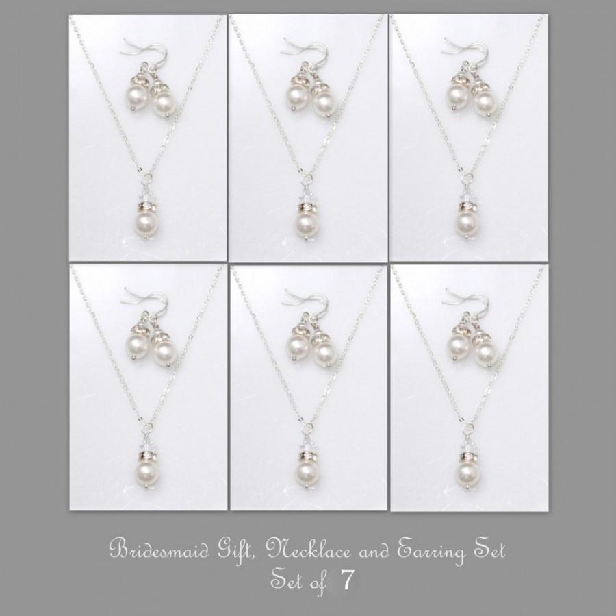 زفاف - Set of 7 Bridesmaid Gift,  Bridesmaid Jewelry Set, 7 Swarovski White Pearl Necklace and Earring Sets, Bridesmaid Gift Set