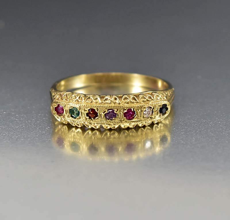 Wedding - Antique Victorian REGARDS Acrostic Ring, English 9K Gold Antique Ring, Ruby Emerald Garnet Sapphire Diamond Gemstone Ring, Love Token