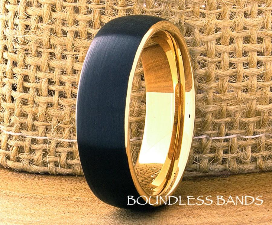 Men's Wedding Ring|Yellow Gold Tungsten Wedding Band|Tungsten Carbide Ring|anniversary Ring|Unique Black Ring|18k Yellow Gold|Comfort Fit