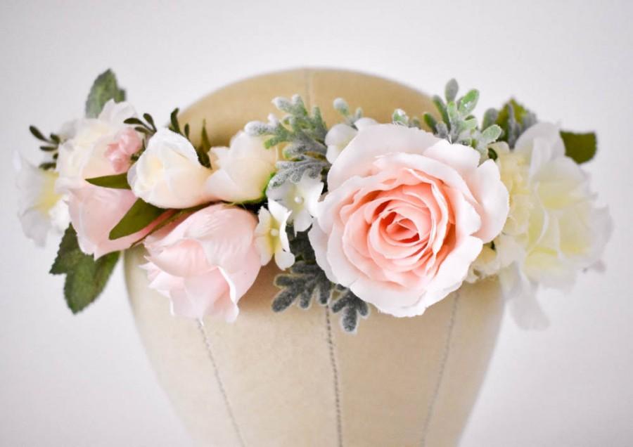 Mariage - Blush flower crown Blush pink and ivory flower crown with greenery Wedding floral crown Pink floral crown Wedding hair wreath Bridal veil
