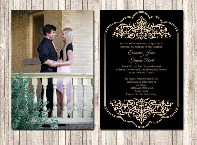Hochzeit - Classic Black and Gold Wedding Invitation with Photo, Customized, 5x7