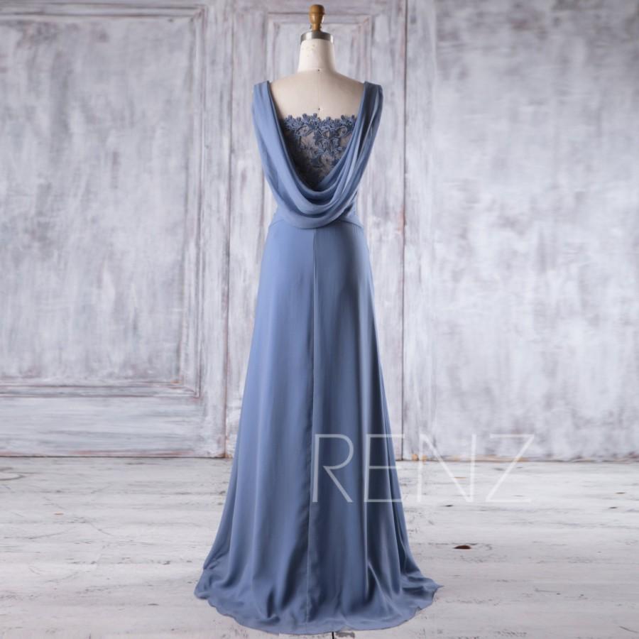 Mariage - 2017 Steel Blue Chiffon Bridesmaid Dress, Lace V Neck Wedding Dress with Bead, Draped Back Prom Dress, A Line Evening Dress Floor (H370)