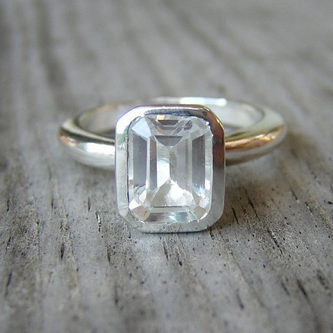 زفاف - Emerald Cut White Topaz Gemstone Ring, Stackable or Solitaire Ring in Argentium Silver, Handcrafted Topaz Jewelry