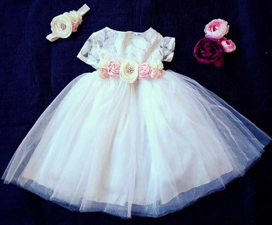 Hochzeit - Soft White Lace Girls Short sleeve Tulle Flower Girl Dress Baby Christening Dress Baptism Dress back Flower Sash Headband