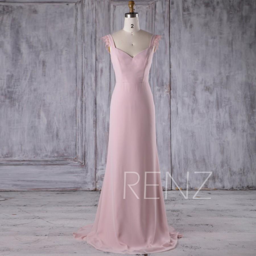 زفاف - 2017 Blush Chiffon Bridesmaid Dress, Lace Ruffle Sleeves Wedding Dress, Sweetheart Prom Dress, V Back Evening Gown Full Length(H382)