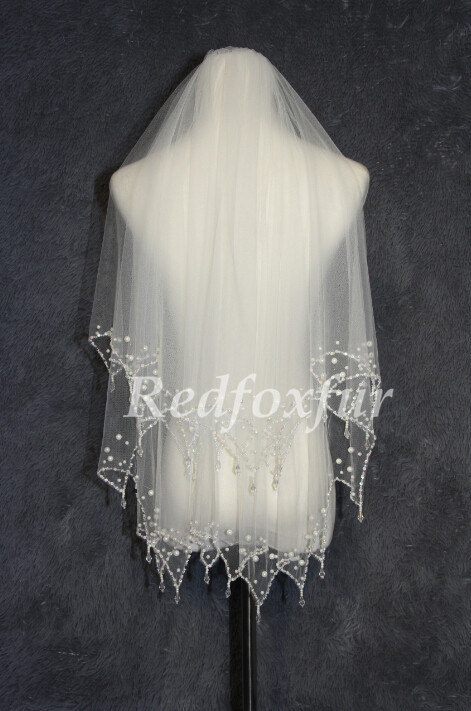 Wedding - Wedding Veil Bridal Veil pearl veil, two layer veil white ivory veil elbow