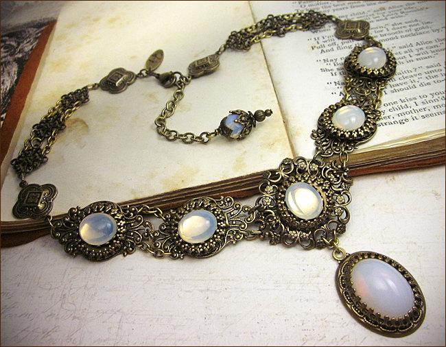 Mariage - White Opal Renaissance Necklace, Opal Glass Victorian Necklace, Bridal, Medieval, Bridal Jewelry, Renaissance Wedding, Borgia, Ready to Ship